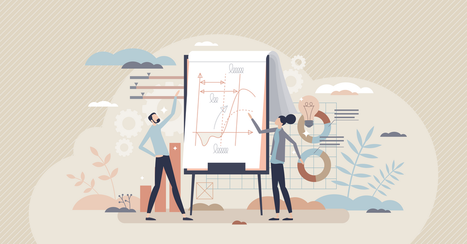 Graphic of people standing in front of an easel with a graphic on the page